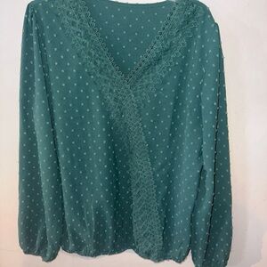 Teal Lace-Trim Women's Blouse - Elegant V-Neck Long Sleeve Top XL